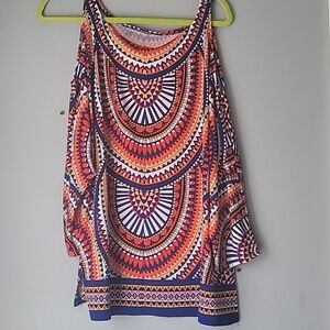 Avenue abstract print cold shoulder slinky knit top